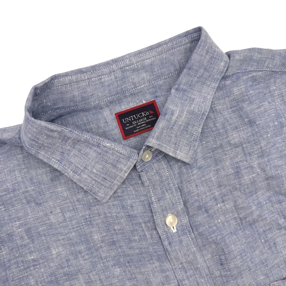 UNTUCKit Button Down Shirt Mens XXL Blue‎ 100% Linen Relaxed Fit Short Sleeve